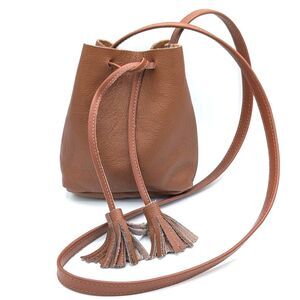 SHAFFER Los Angeles Greta Brown Leather Mini Bucket Crossbody Bag w/ Tassels EUC